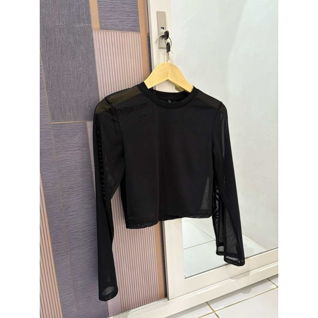 Baju atasan wanita transparan hitam sheer lengan panjang crop top sexy casual