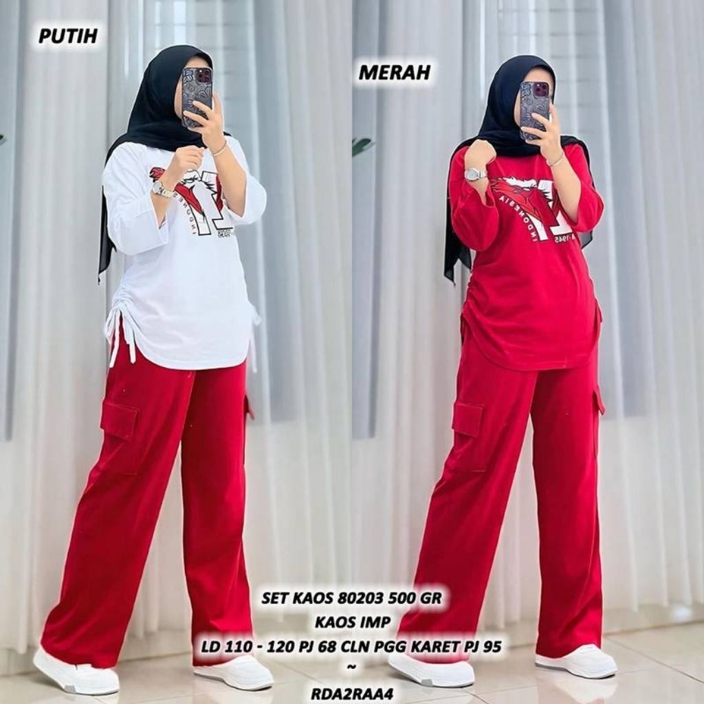 ASD 80203 SET KAOS MERAH PUTIH WANITA / READY / REALPICT