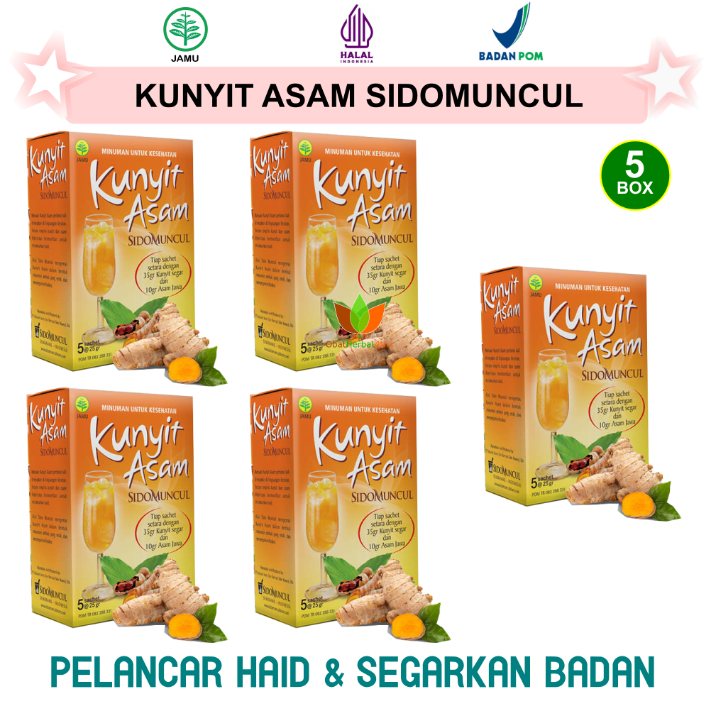 

25 SACHET JAMU KUNYIT ASAM SIDOMUNCUL, MINUMAN KESEHATAN PELANCAR HAID SEGARKAN BADAN OBAT HERBAL KUNYIT ASEM SIDO MUNCUL 5 BOX