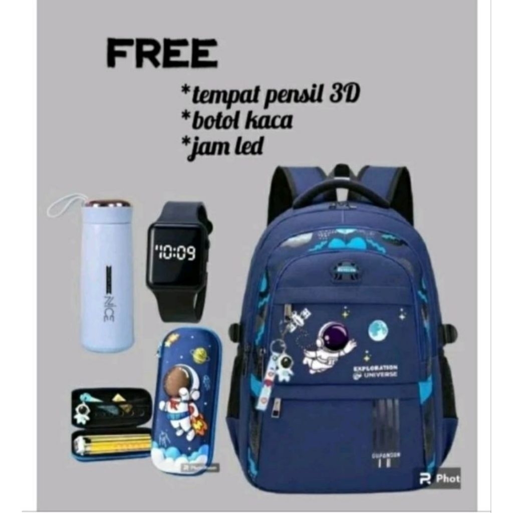 Paket Tas Sekolah Anak Laki-laki Perempuan TK SD SMP Bonus Jam Tangan Botol Minum Tempat Pencil Moti