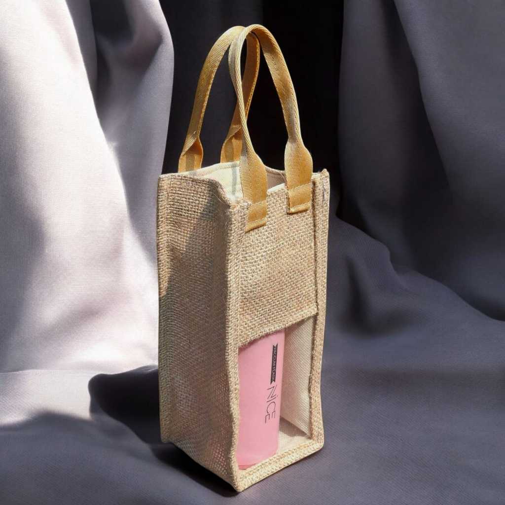 Tas Botol 1 Liter Bahan Goni Mika Tas Hampers Souvenir Goodie Bag 10 x 10 x 23 Cm Jute Bottle Bag