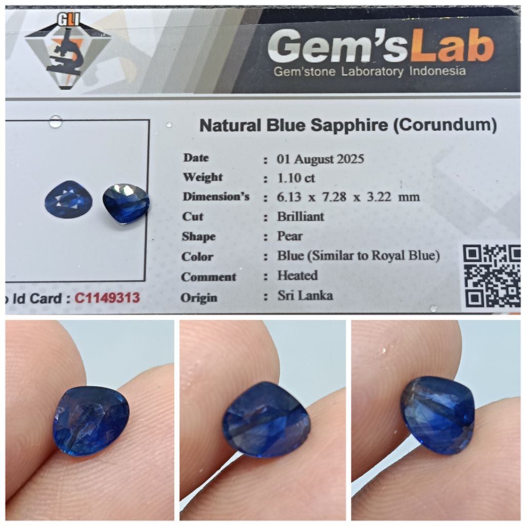 Natural Royal Blue sapphire Ceylon Heat Only 1,1ct Safir Srilanka memo GLI