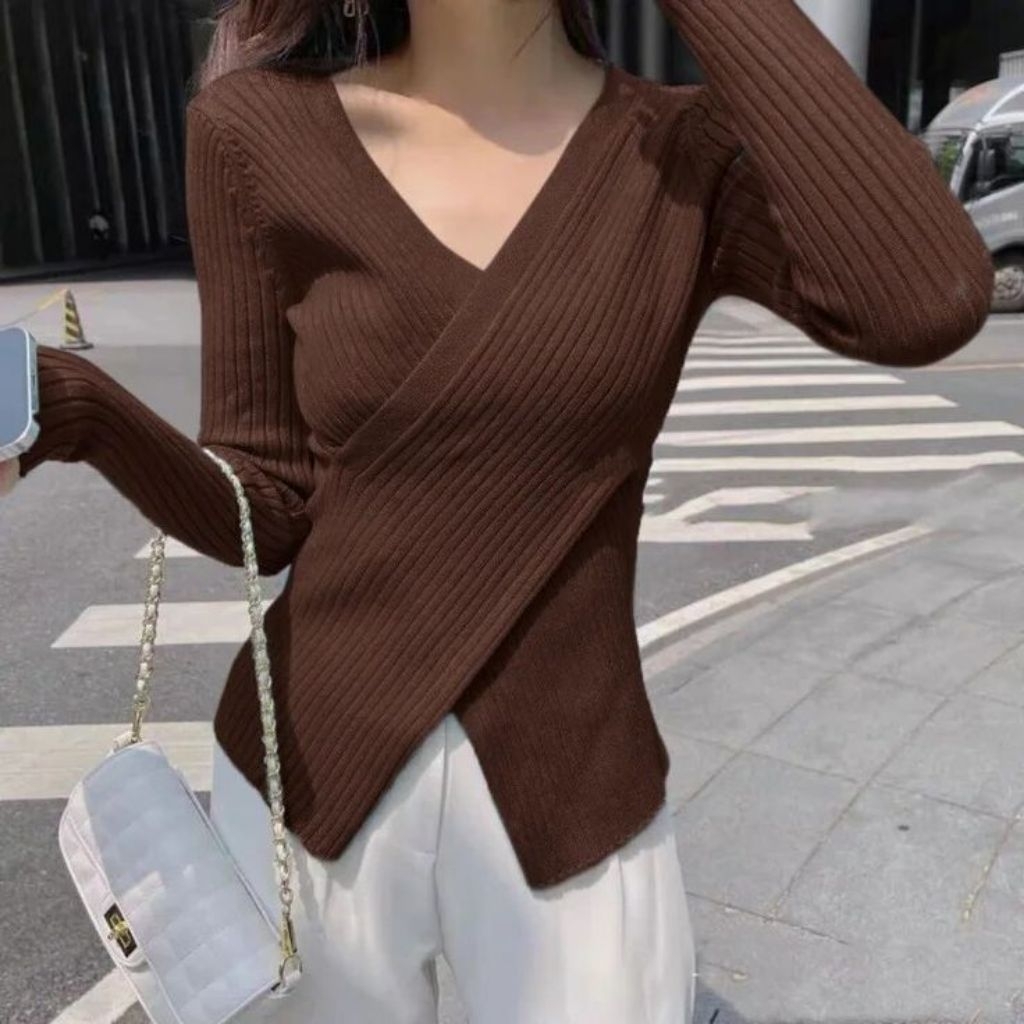 Jiso knit V-neck Korean style wrap top atasan rajut wanita lengan panjang / baju rajut blus wanita