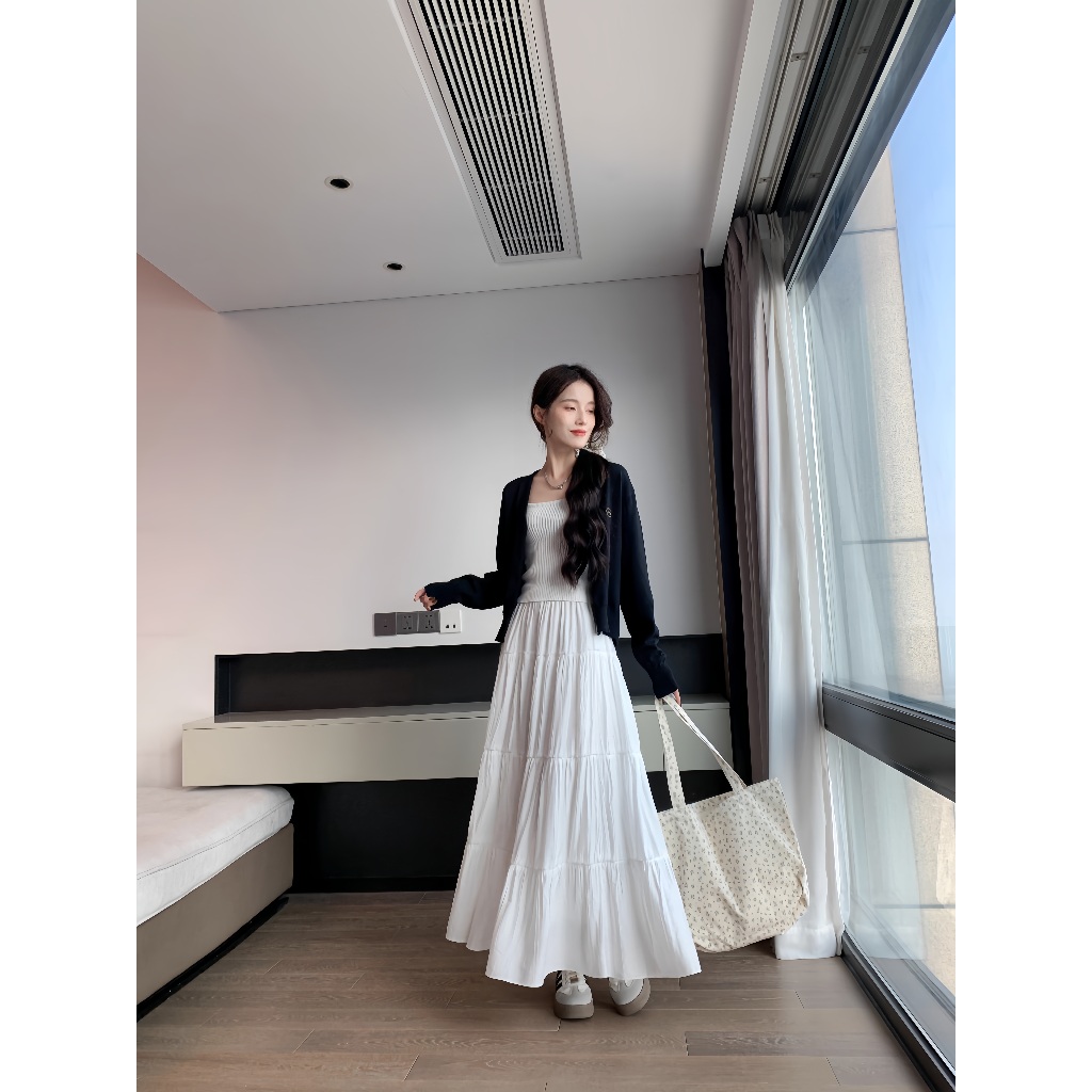 Rok Panjang Wanita Putih 2025 – Model A-Line, Rok Gantung, Gaya Korea, Rok Layer Cake, Cocok untuk W