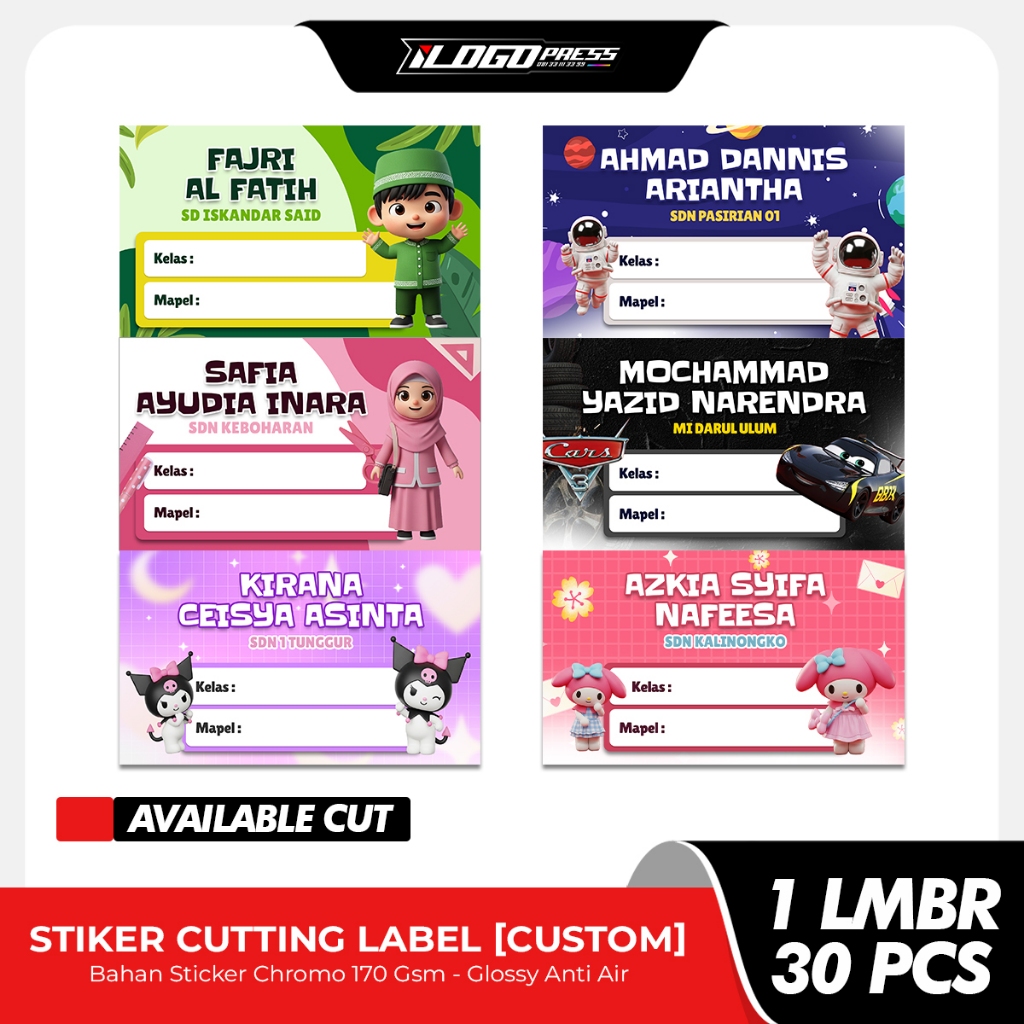 

[ CUTTING ] Stiker Label Buku Pelajaran Custom Nama Dan Sekolah Bahan Glossy Anti Air - Karakter Anak 3D