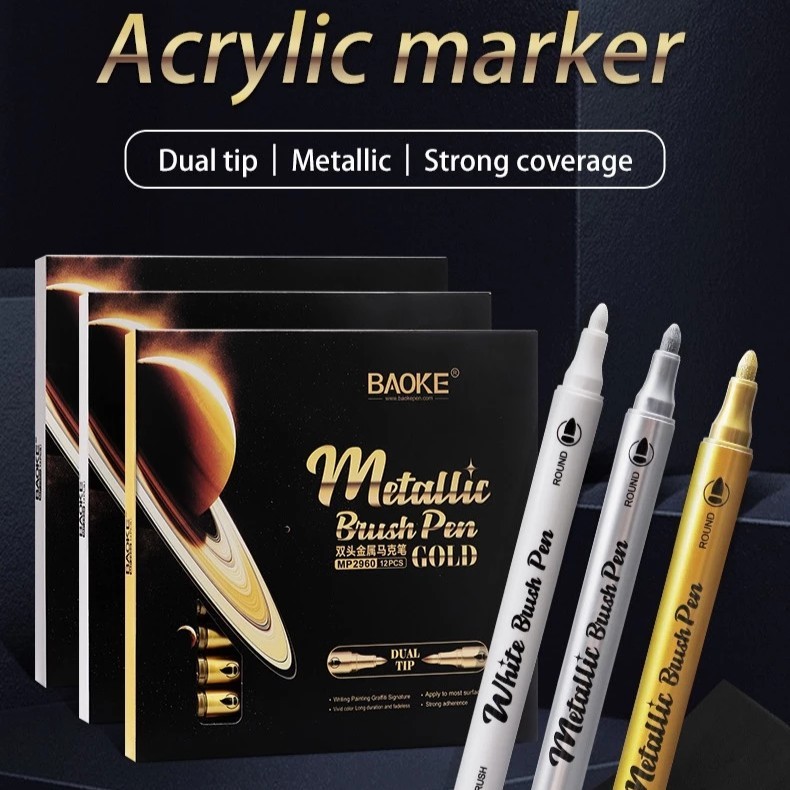 

Acrylic Marker Baoke Metallic Dual Tip MP2960 Brush & Round Pen – Spidol Akrilik Gold White Silver
