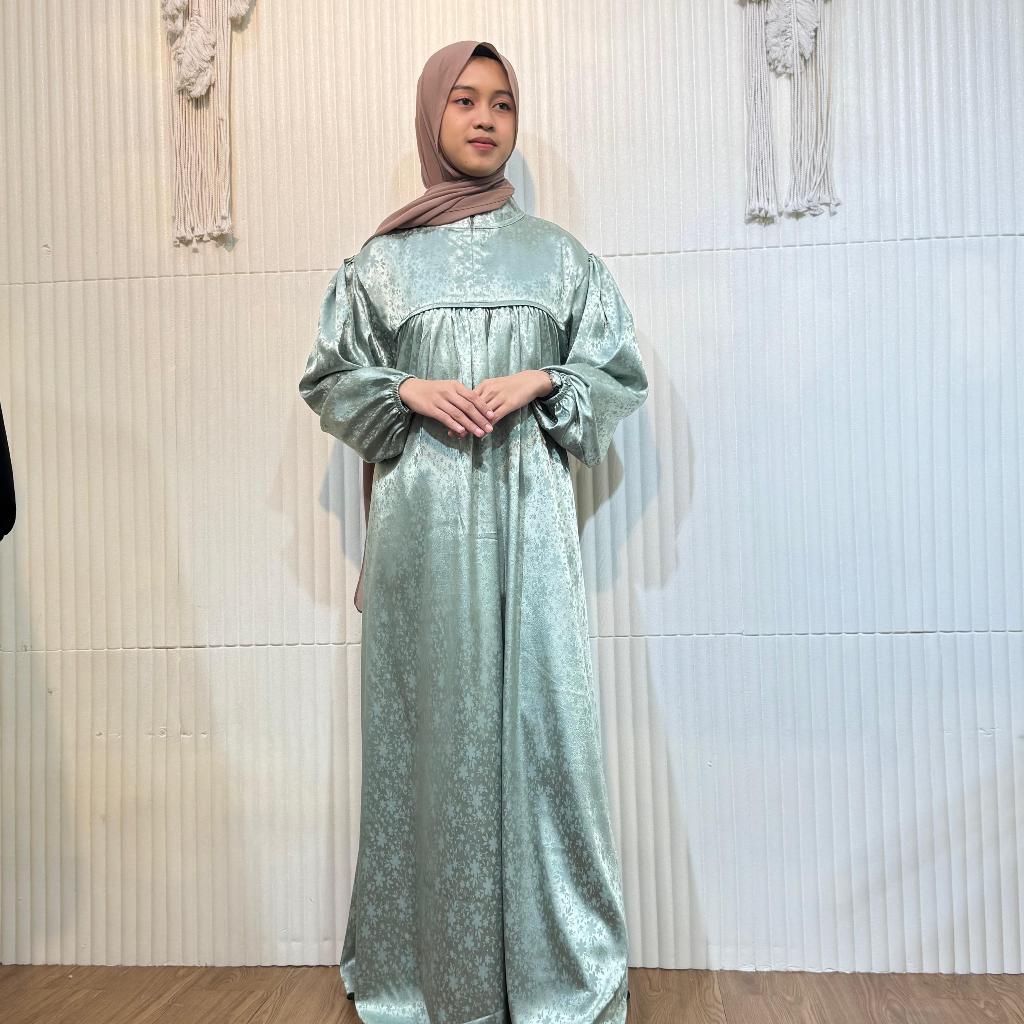 Dress Muslimah Jumbo Armani Silk Jaguar Premium Gamis Muslim Umroh Armany Silk Sage Emerald