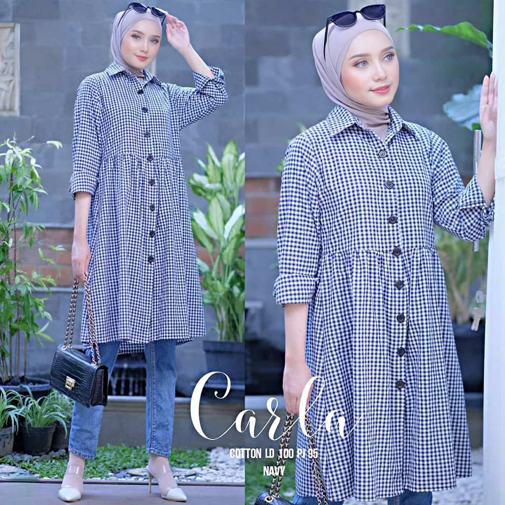 Tunik Wanita Carla Kotak Panjang Kemeja Muslimah Casual Modis XL