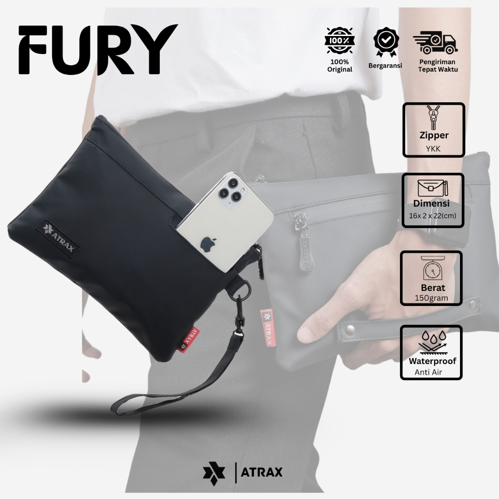 ATRAX - Clutch Bag Handbag Fury Tas Tangan Pria Wanita Waterproof Tas Genggam Tangan Hitam Anti Air