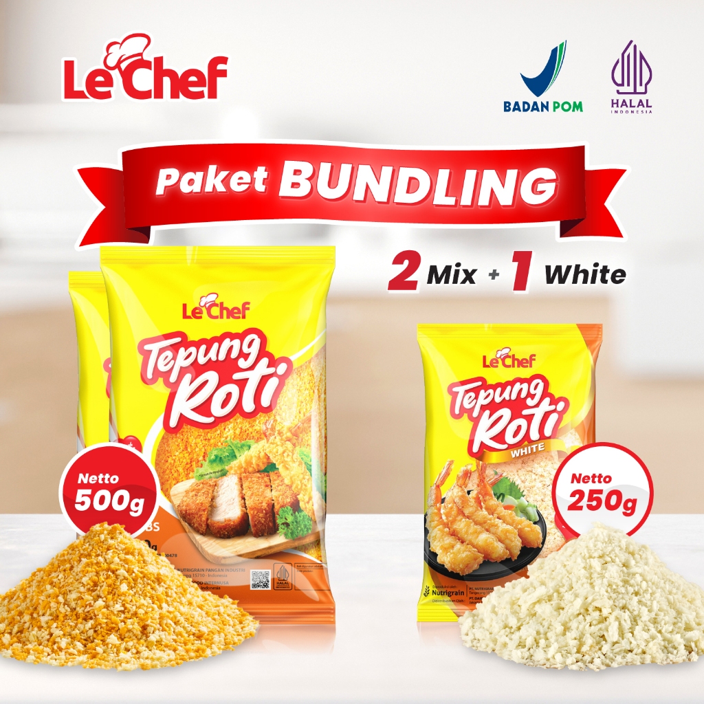 

[ PAKET BUNDLING LE CHEF ] - 1 Tepung Roti Putih 250g + 2 Tepung Roti Mix 500g