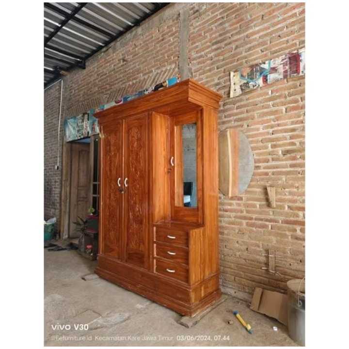 Lemari pakaian 3 pintu costum meja rias minimalis full kayu jati asi ukuran 150x55x200