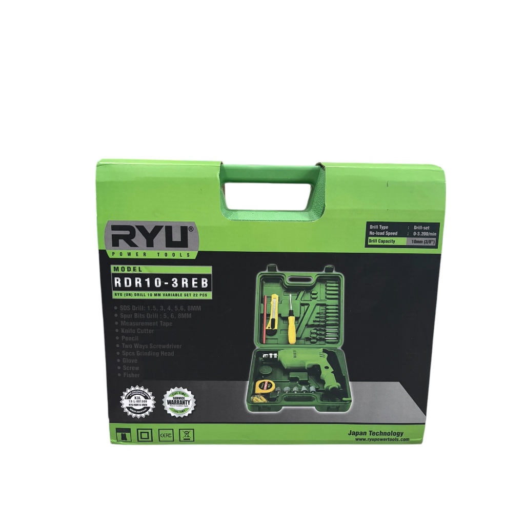 Mesin Bor RYU Set RDR 10-3 REB 22 PCS – Bor Listrik 10mm + Aksesoris Lengkap