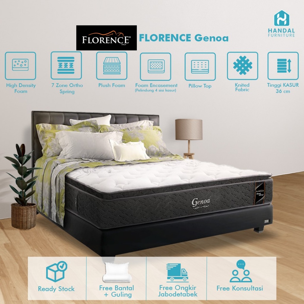 Kasur Springbed Florence Genoa 100x200, 120x200, 160x200, 180x200, 200x200 Pillow Top Anti Nyamuk De