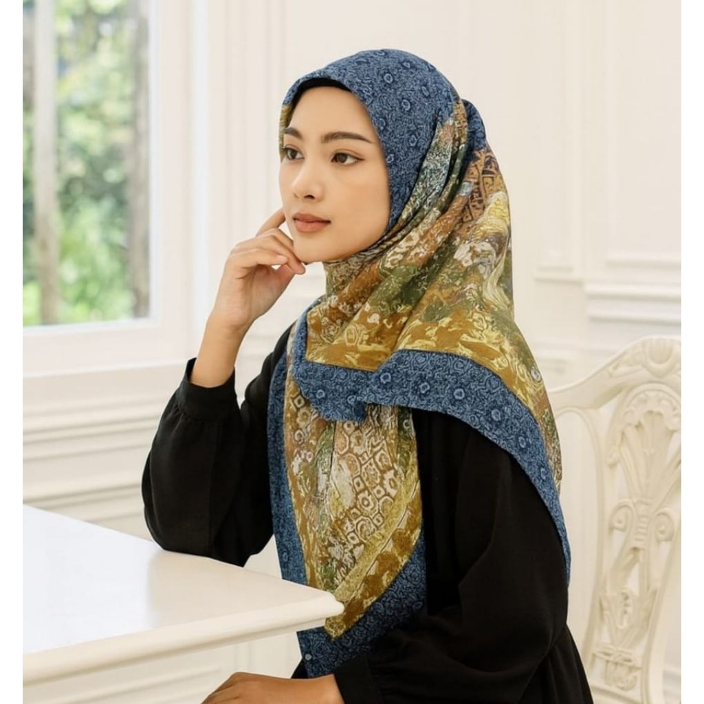 Kerudung Segi Empat Motif Gizyaa Biru Hijab Voal Sublim Jilbab Syari Jumbo Mewah