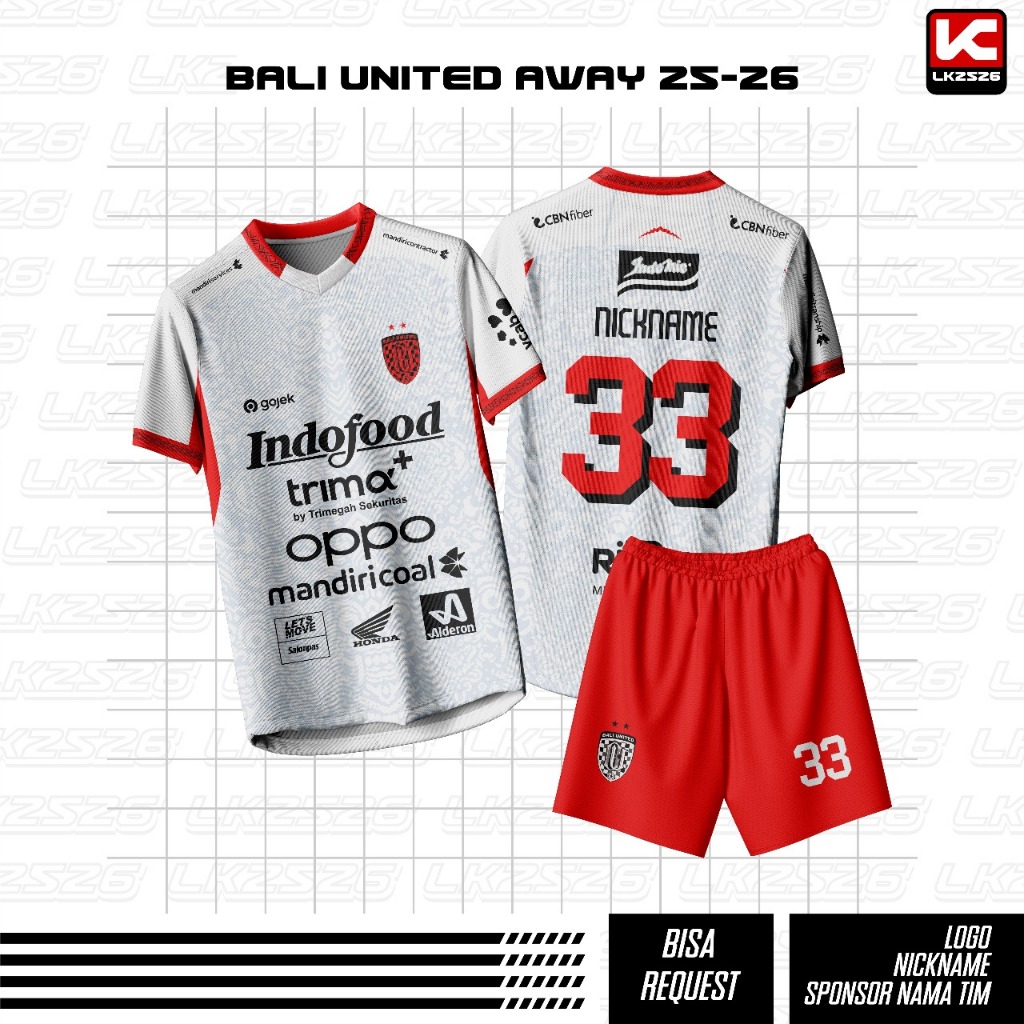 Jersey Bola AWAY BALI UNITED TERBARU MUSIM 2025/2026 Putih Full Print Sport / Jersey Bali Away 2025/