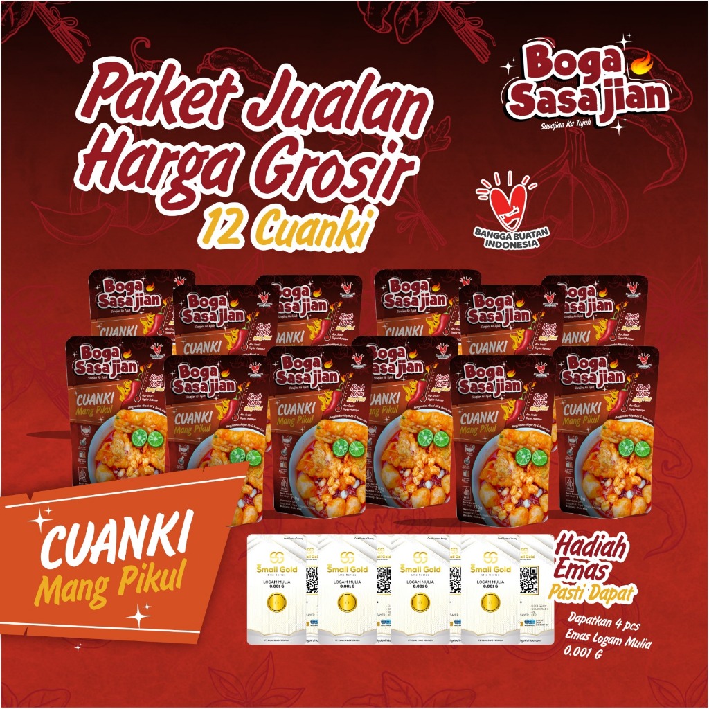 

PAKET JUALAN HARGA GROSIR 12 CUANKI MANG PIKUL BOGA SASAJIAN || HADIAH 4 EMAS LOGAM MULIAH 0.001 G Kuah Instan Pedas