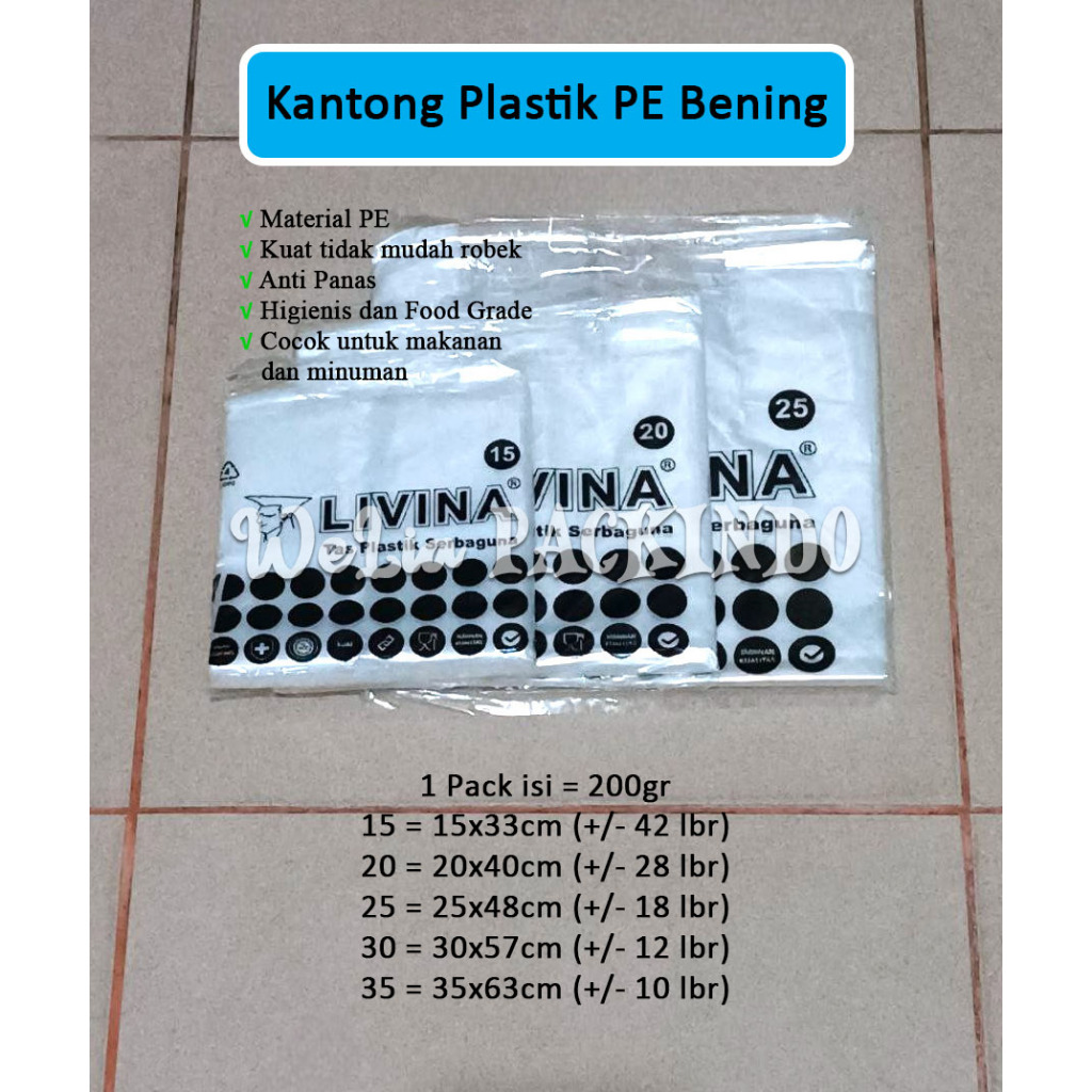 Kantong Plastik PE Bening Livina 200gr 15 20 25 30 35 / Kantong Kresek Asoy PEX Transparan Tebal Sol