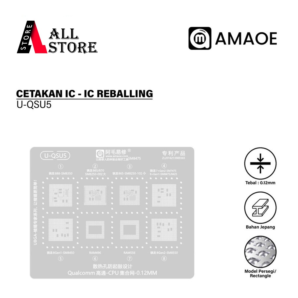 Amaoe U-QSU5 Cetakan IC BGA Reballing Stencil untuk Qualcomm Snapdragon CPU 888 / SM8350 / 865 / 825