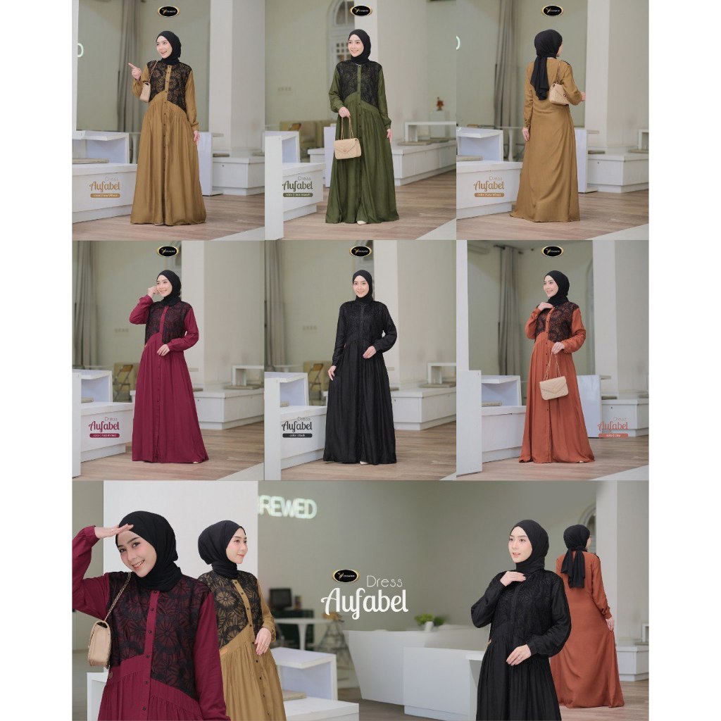 Dress Wanita Kombinasi Brokat Hitam Bunga Viscose Twill Gamis Terbaru Aufabell Dress
