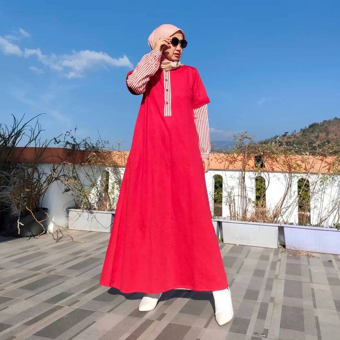 Gamis Muslim Panjang Cantik Mewah Wanita Dewasa Warna Merah Bahan Kaos Nyaman Casual Modern By Deria