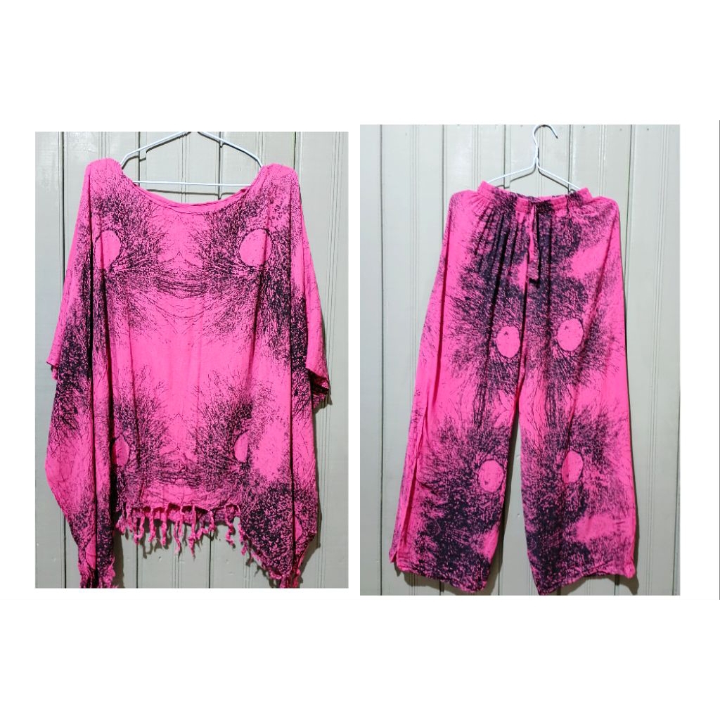 Preloved One Set Celana + Baju Ponco Kain Rayon Bali