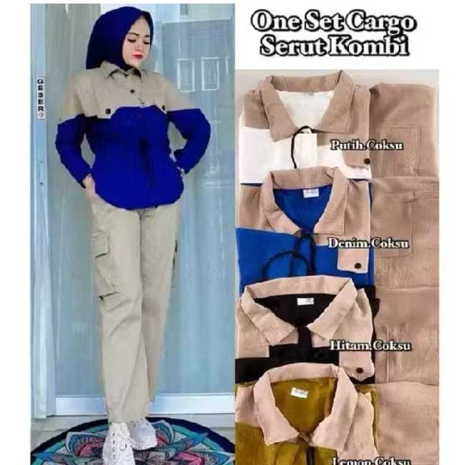 BAJU WANITA SETELAN POLOS KOMBINASI SET CARGO LENGAN PANJANG CELANA PANJANG//Set Wanita Kemaja Kombi