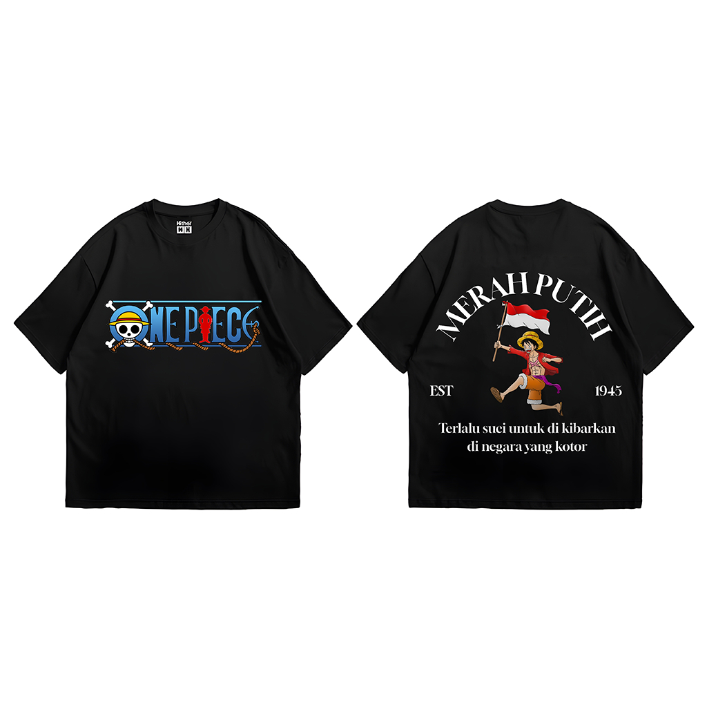 East Studioz - Baju Kaos Distro One Piece Luffy Bendera Merah Putih – T-Shirt Pria Wanita Unisex