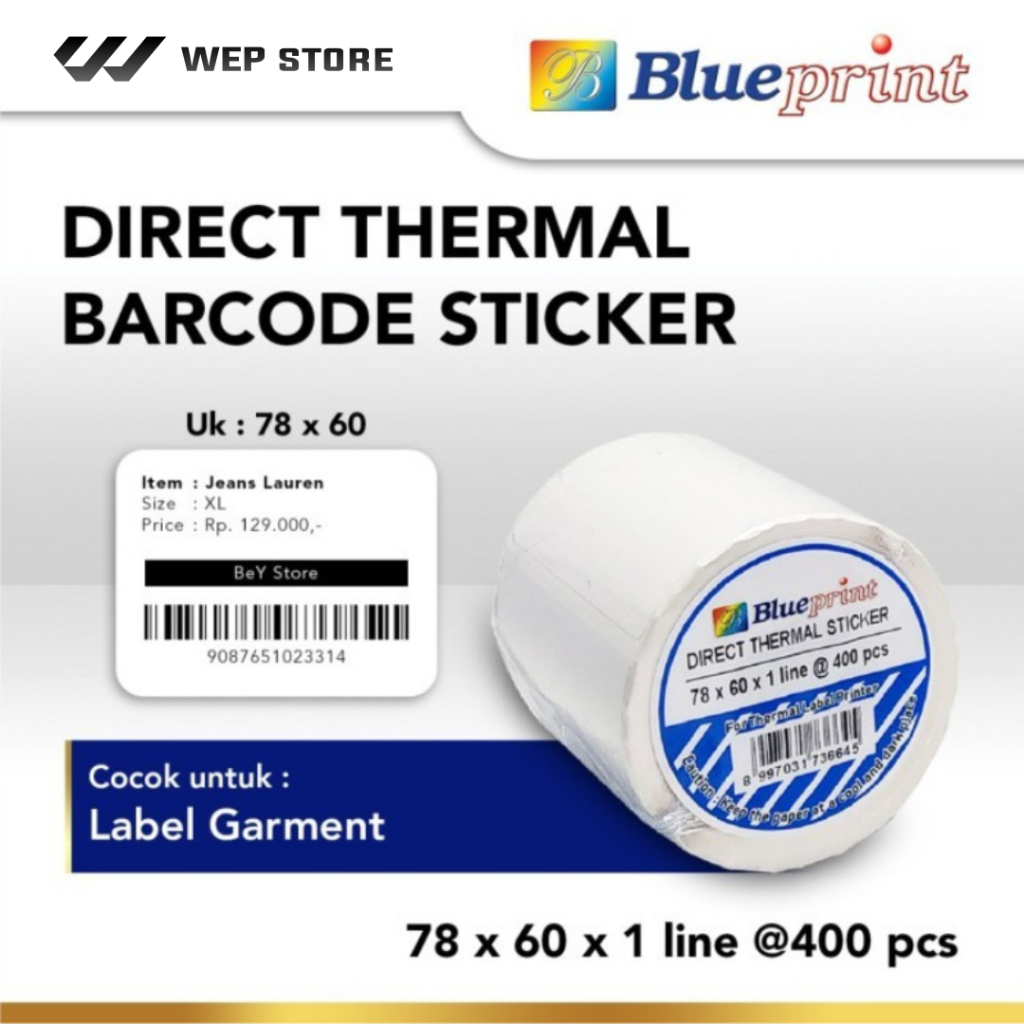 

Direct Thermal Sticker Label 78 x 60 mm isi 400 Blueprint Stiker Barcode 78x60 Tempelan Berperekat