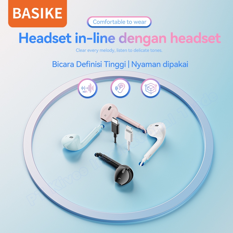 BASIKE Headset Gaming Earphone Handsfree Lightning Type C 3.5mm Jack with mic Kontrol Volume