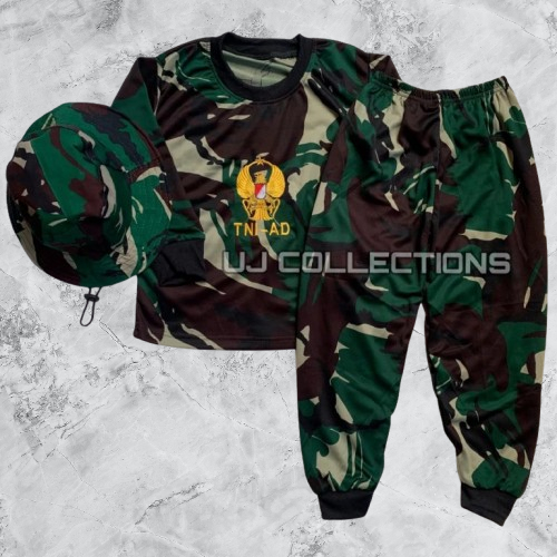 Setelan Kaos Anak Panjang Loreng TNI AD Free Topi Rimba - Baju Setelan Anak Loreng Unisex Kids Army 