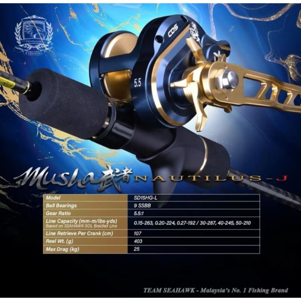 REEL SEAHAWK MUSHA NAUTILUS SD15HGL overhead left handle FREE PE SOL 300YDS