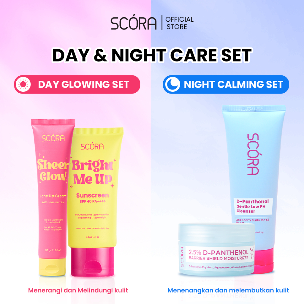 (Ready Stock) Day & Night Care Set: SCORA Bright Me Up Sunscreen 40 Gr + SCORA Sheer Glow Tone Up Cr