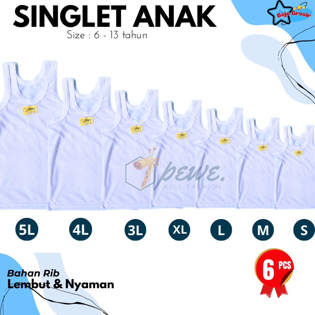 Isi 6 Pcs / 1/2 Lusin kaos dalam anak perempuan lusinan warna putih / kaos dalam anak laki laki lusi
