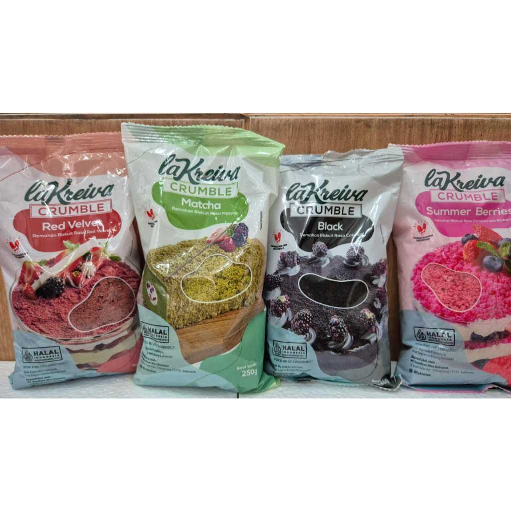 

La Kreiva Crumble Black 250 gr/ La Kreiva Crumble Green Tea 250 gr/La Kreiva Crumble Red Velvet 250 gr/ La Kreiva Crumble Summer Berries 250 gr/ Biscuit Remah/ Topping Donat