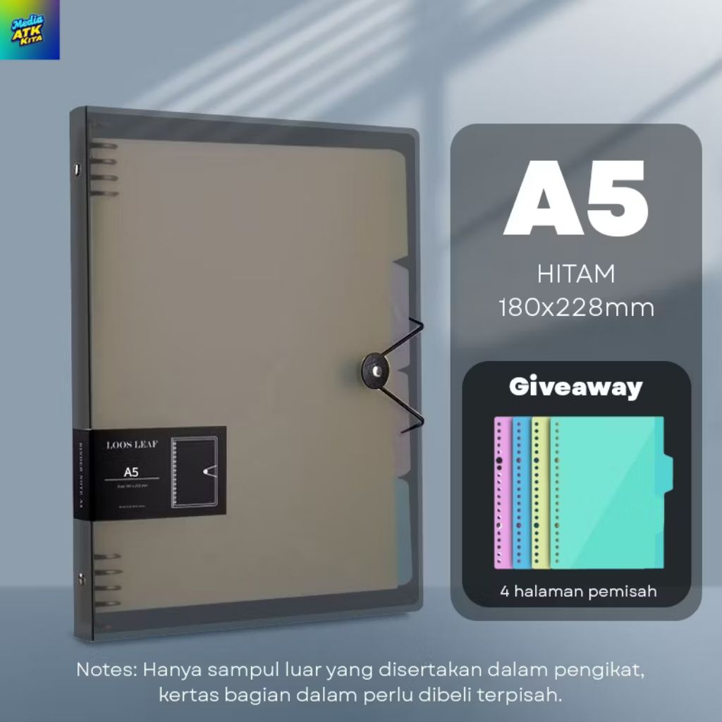 Binder Polos A5 dan B5 / 8 Ring Binder / Binder Transparan Hitam Putih Loose Leaf