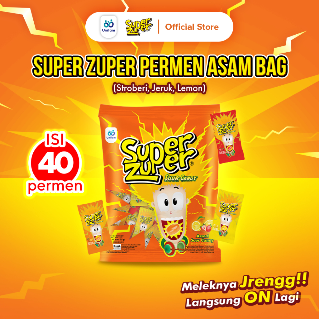 

Super Zuper Permen Asem Rasa Buah Bag - Sour Candy Mix 1 Bag (Isi 40 Pcs)