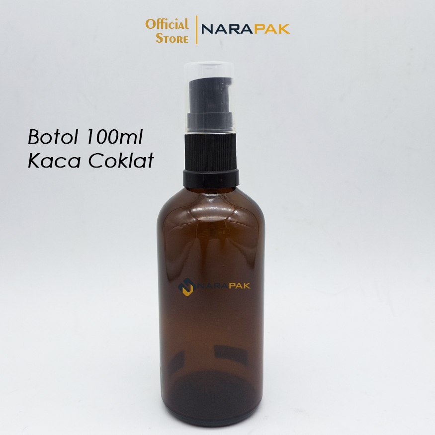 Botol PUMP 100ml Kaca Coklat Amber BR Tutup Lotion Hitam Botol Foundation Skincare