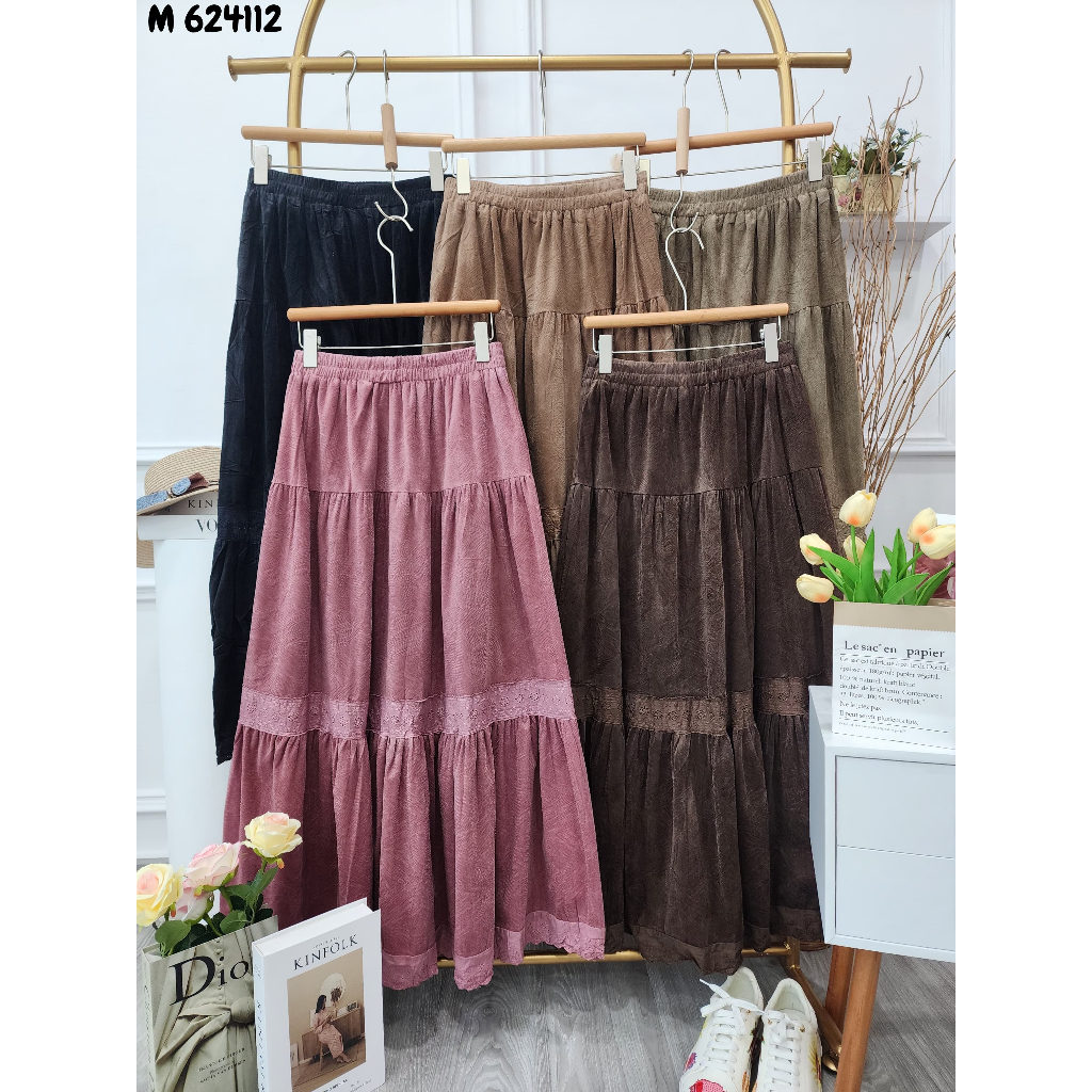 Rok Tiered Wanita Motif Garis | Rok Panjang Korduroi | Rok Maxi Corduroy A-Line