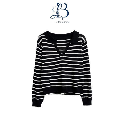La Bossy Fashion Baju Knitwear Sweater Crop Rajut Sweater Garis Bahan Rajut CropTop Lengan Panjang B