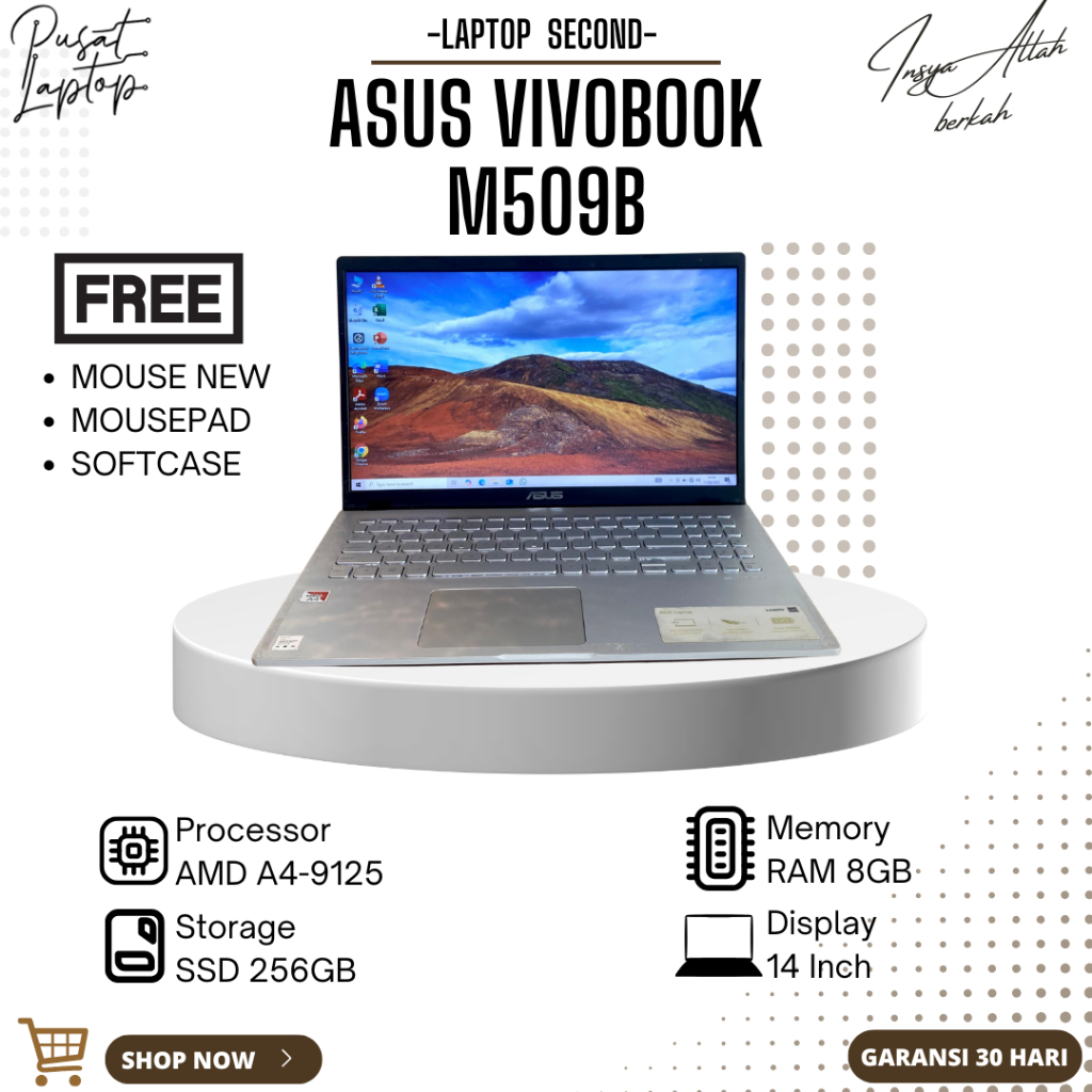 LAPTOP ASUS VIVOBOOK M509B SECOND | AMD A4-9125 | RAM 8GB | SSD 256GB | NORMAL | BERGARANSI