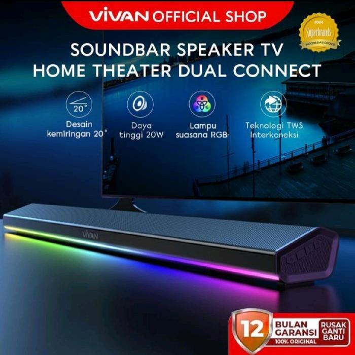 Speaker Vivan Soundbar Speaker TV Bluetooth Home Theater Super Bass 20W RGB LED BT 5.4