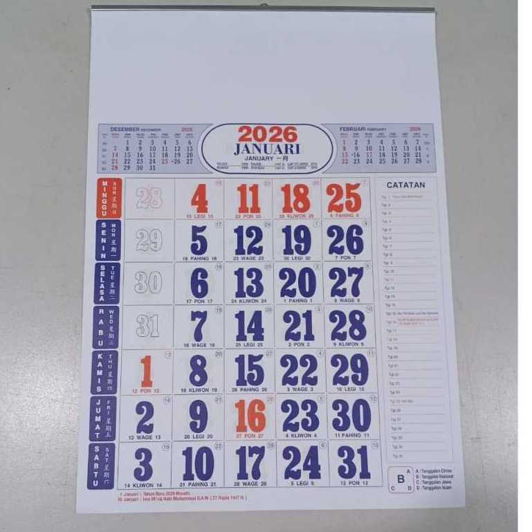 

Kalender Kerja Dinding 12 lembar uk 38 x 53.5 cm / Kalender 2026
