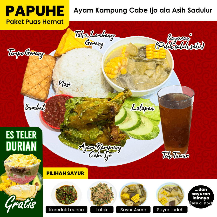 

PAPUHE Ayam Kampung Cabe Ijo Paket Puas Hemat Nasi Ayam Tahu Tempe Sayur Sambal Lalapan Teh | Paket Nasi Asih Sadulur