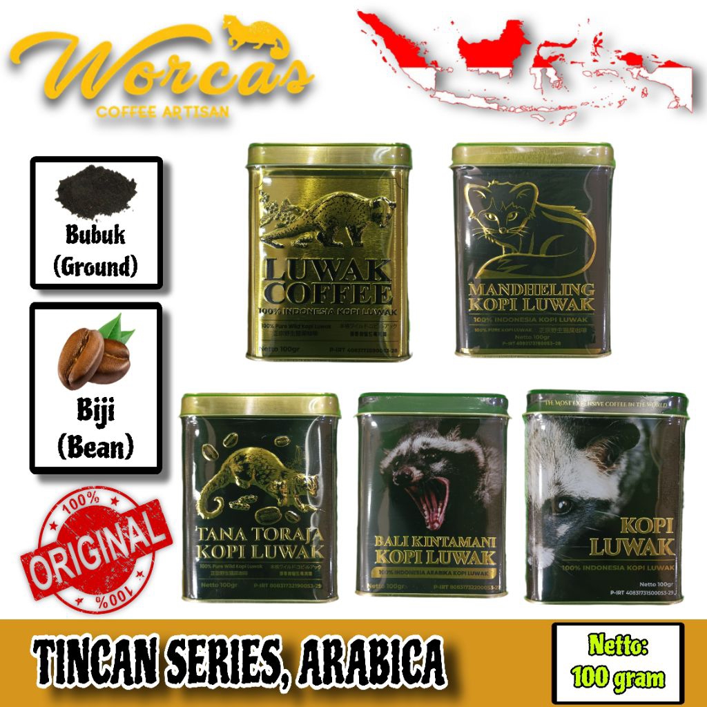

[GROSIR] MANDHELING BLACK WORCAS WILD KOPI LUWAK KEMASAN TIN CAN, 100 GRAM. BUBUK DAN BIJI. 100% ORIGINAL BRAND WORCAS