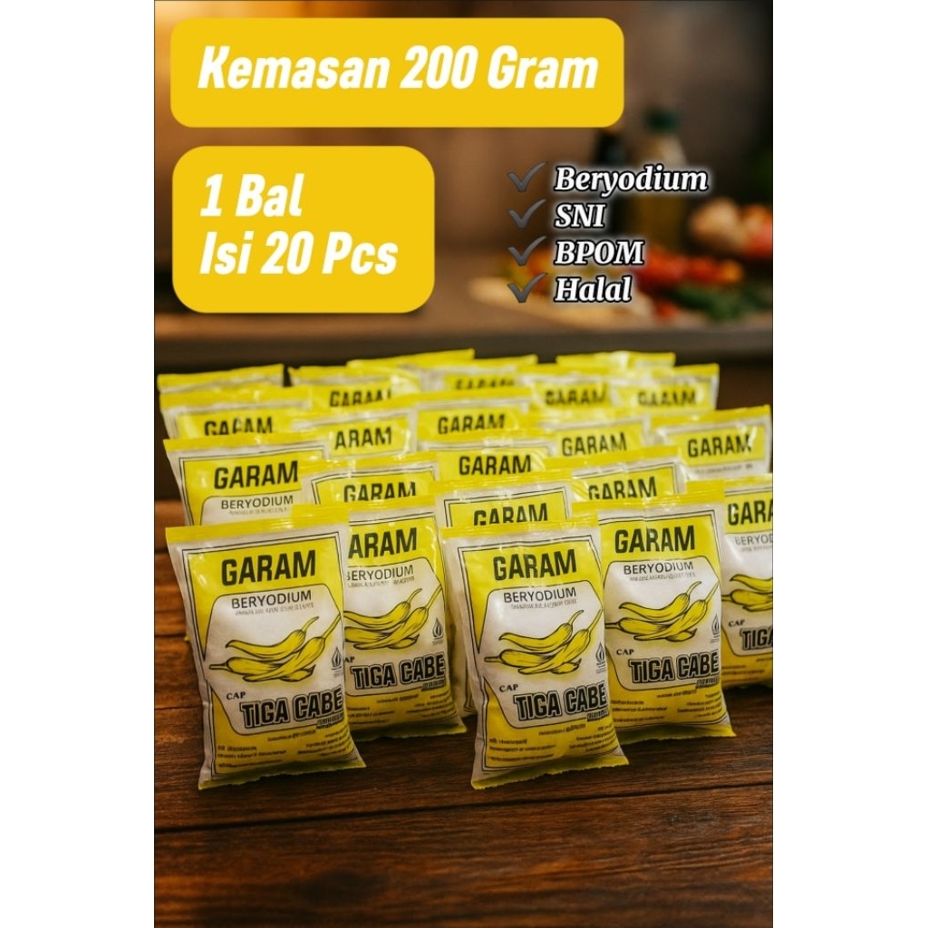 

Garam 1 Bal Isi 20 Pcs ( Kemasan 200 Gram ) - Garam Cap Tiga Cabe - Garam Konsumsi Beryodium - Garam Dapur ( Sudah BPOM, SNI Dan Halal )