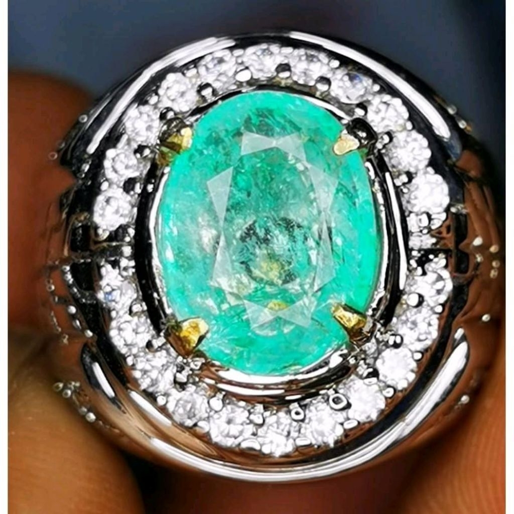 Cincin Permata Zamrud Colombia Ring Alpaka Microsetting Bertabur Zircon