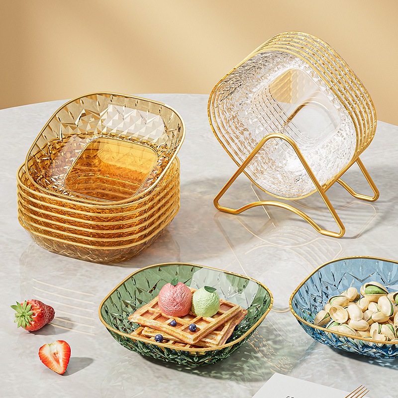 9 Set Piring Plastik PET, 8 Piring + 1 Rak / Piring Makanan Motif Berlian / Piring Buah & Snack / Pi