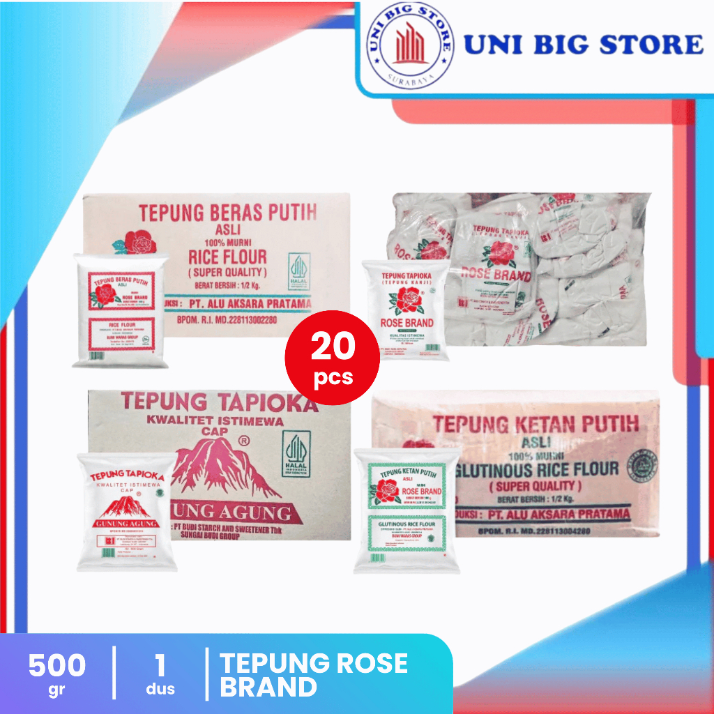 

Rose Brand Tepung Beras Putih Tapioca Gunung Agung Ketan 500 gr x 20 pcs DUS