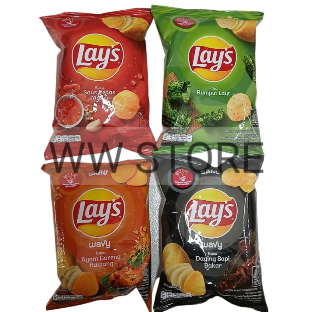 

Keripik kentang rasa rumput laut saus pedas manis Wavy daging sapi bakar ayam goreng bawang halal MUI Lay's Lays Lay 31g