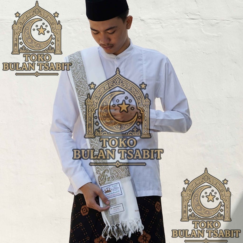 Sorban Kashmiri Arifat Motif Putih Lis Gold - Sorban Kashmiri Almas Kualitas Terbaik - Sorban Haji M